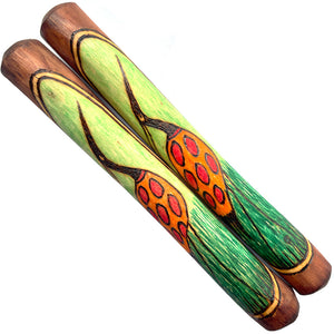 Brolga Clapsticks by Ossie Egan - Bright Greens, Red and Orange.