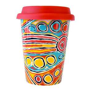 Ceramic Keep Mug - Mina Mina Dreaming by Judy Watson - Red lid