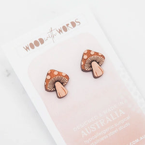 Wooden Stud Earrings - Mushrooms
