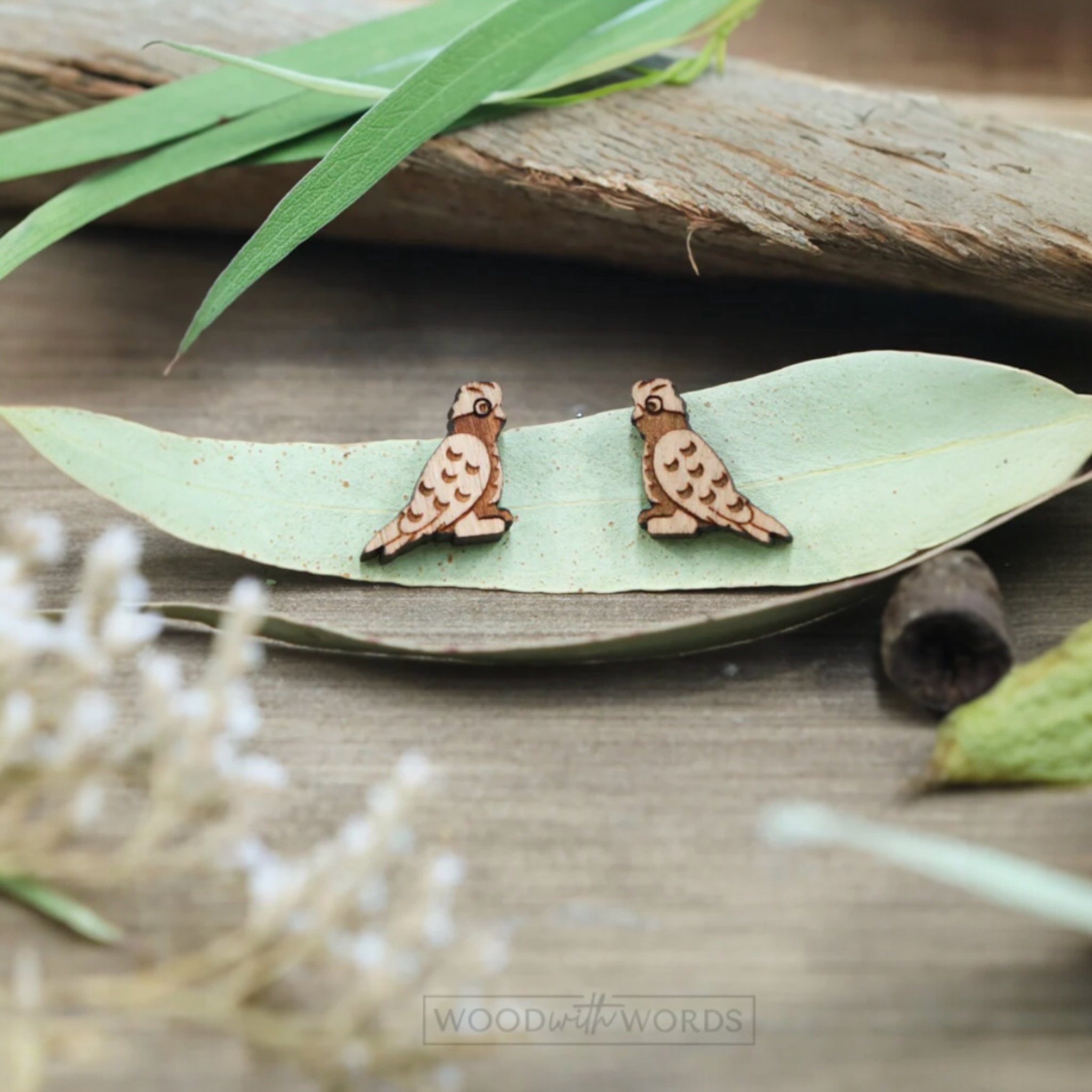 Wooden Stud Earrings - Galah