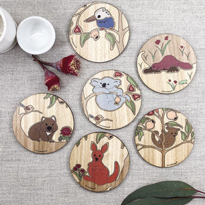 6 Round Wooden Australian Made Animal Wildlife Tree Coasters