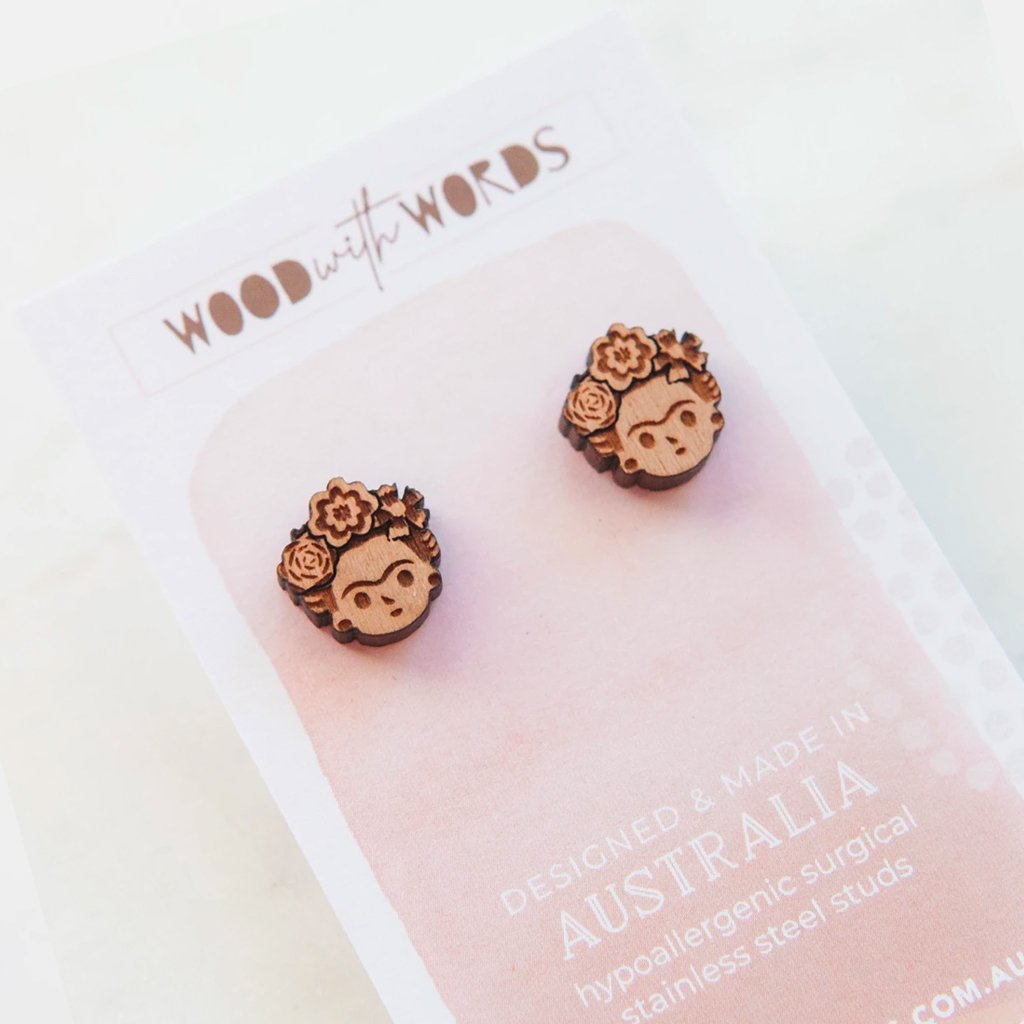 Wooden Stud Earrings - Frida Kahlo