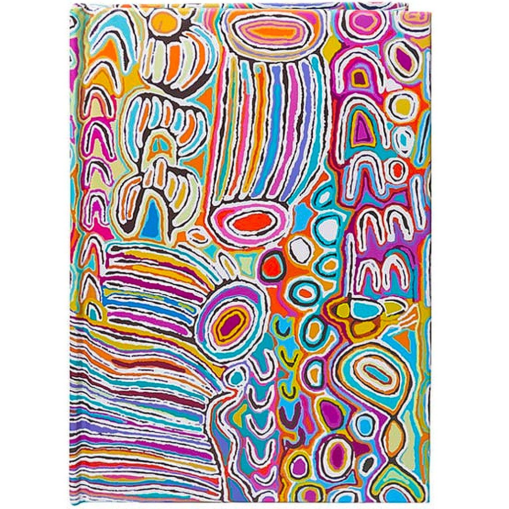 A colorful A5 journal with a vibrant, abstract design cover featuring artistic patterns.