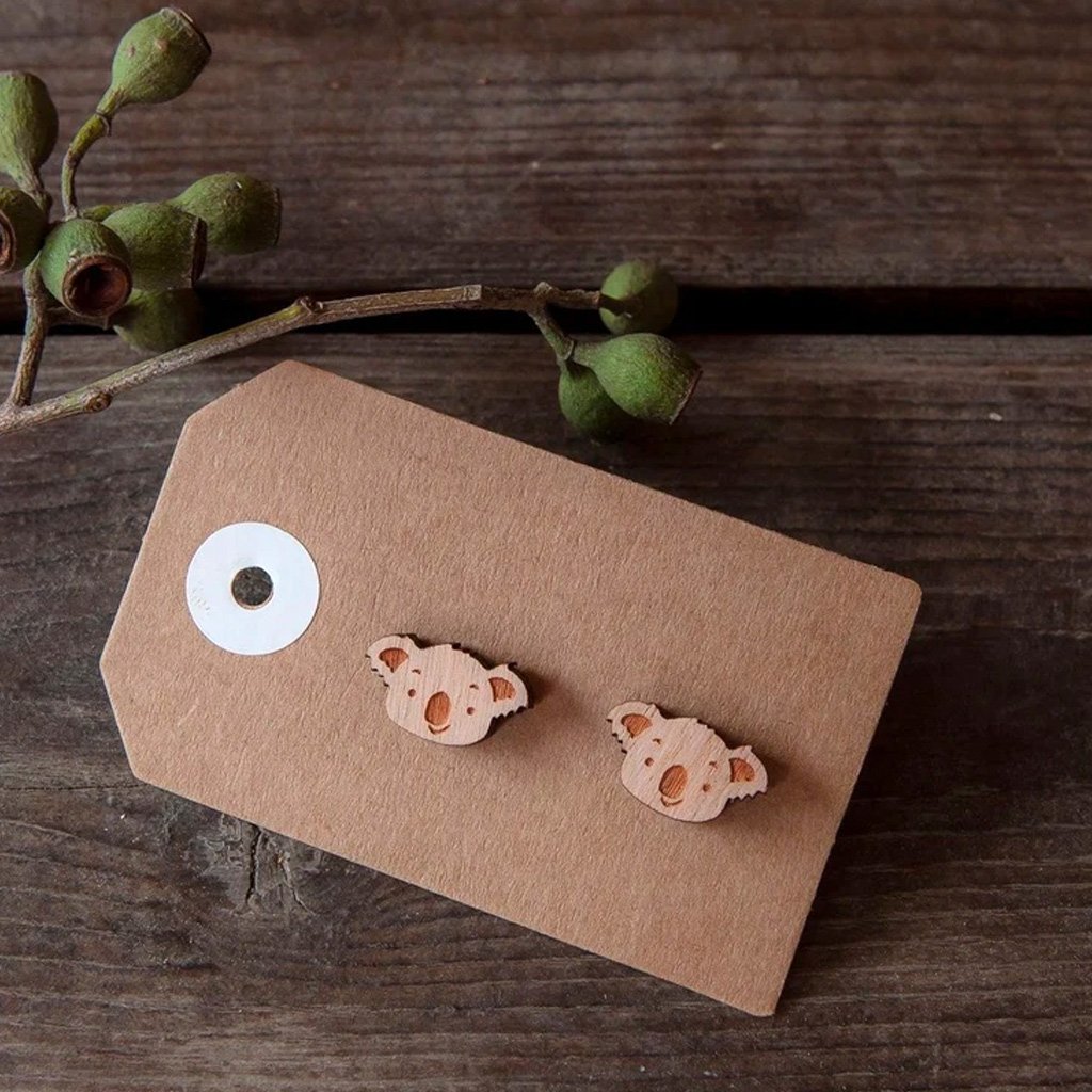Wooden Stud Earrings - Koala face