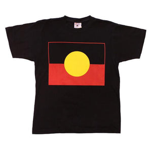 black T-shirt with australian aboriginal flag printed on the front, sizes sum,l,xl,xxl,xxxl