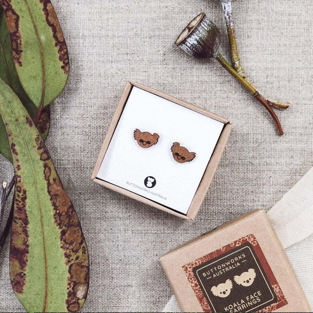 Buttonworks Wooden Koala Face Stud Earrings