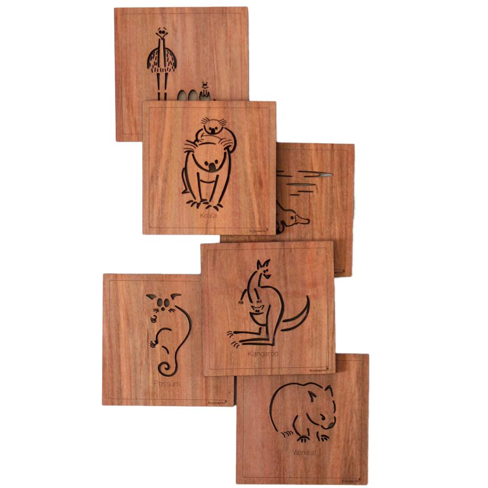 6 Square Wooden Australian Made Animal Coasters, with different wood types available