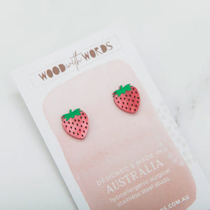 Wooden Stud Earrings - Strawberries