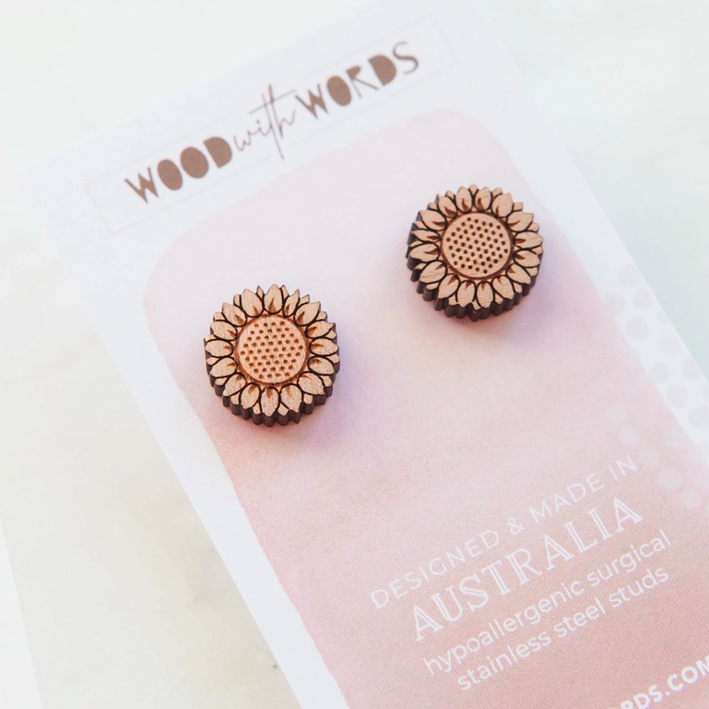 Wooden Stud Earrings - Sunflowers