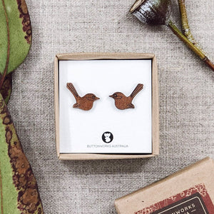 Buttonworks wooden Fairy Wren stud earrings